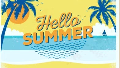 Graphic reading "Hello Summer" over an illustrated beach scene